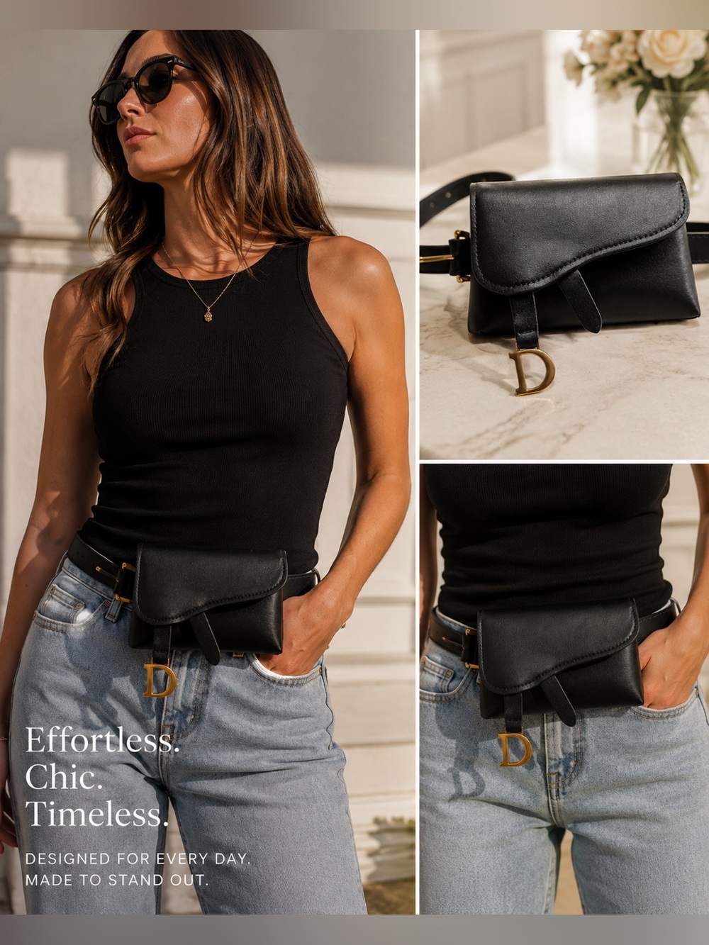 🖤 Chic Black Faux Leather Belt Bag / Waist Bag with Gold D Charm